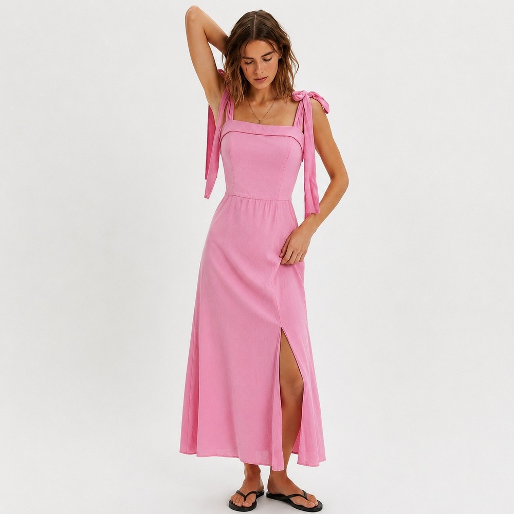 Trixxi Tie Shoulder Midi Dress M Pink Romantic Feminine Coquette Barbiecore - Picture 2 of 12